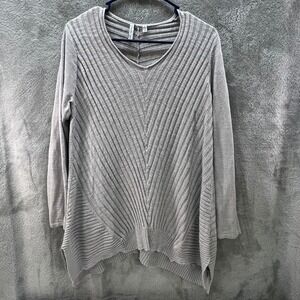 Beatrix Ost Gray L Ribbed V-Neck Tunic Sharkbite Hem Lagenlook Drapey Bohemian